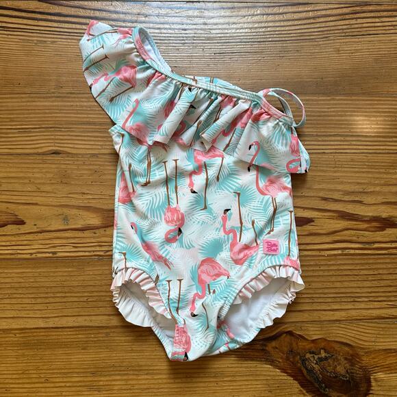 Ruffle Butts pink green flamingo ruffle one shoulder one piece swimsuit SIZE 2T - Picture 1 of 5